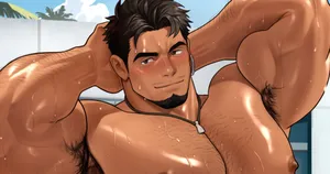 [Yuatari] Muscular middle-aged actor during a gym commercial shoot (01 02)