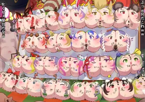 [Maruhage P] A food stall lined with butts with faces painted on them